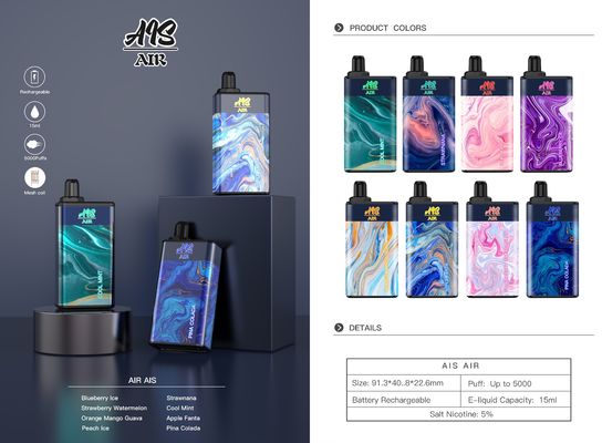 AIS 공기 5000 재충전용 Vape 펜 소금 니코틴 처분할 수 있는 펜 75g