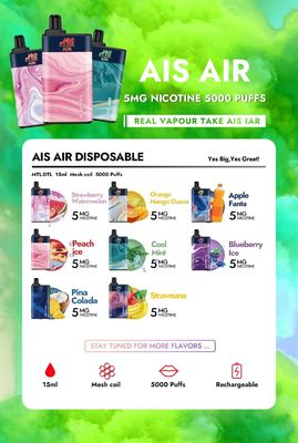 AIS 공기 5000 재충전용 Vape 펜 소금 니코틴 처분할 수 있는 펜 75g