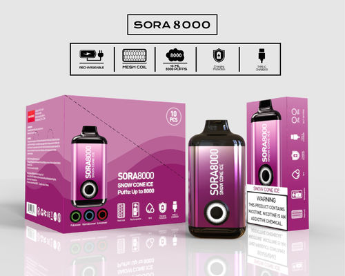 소라 8000 파프 펜 스타일 재충전 가능한 일회용 바이프 650mAh 1.1ohm 메시 코일