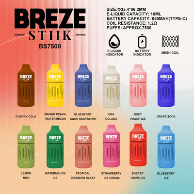 BREZE STIIK BS7500 일회용 바이프 큰 펌프 16ml 전면 쥬스 650mAh 배터리