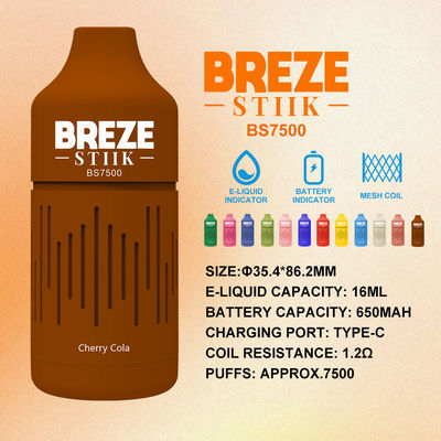 BREZE STIIK BS7500 일회용 바이프 큰 펌프 16ml 전면 쥬스 650mAh 배터리